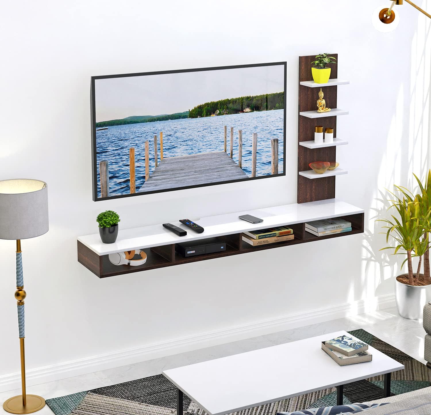 BLUEWUD Primax Large Engineering Wood Wall Mount TV Entertainment Unit Set Top Box Stand/TV Panel Cabinet with Shelves for Books & Décor Display Unit, Ideal for 50” (Wenge & White)