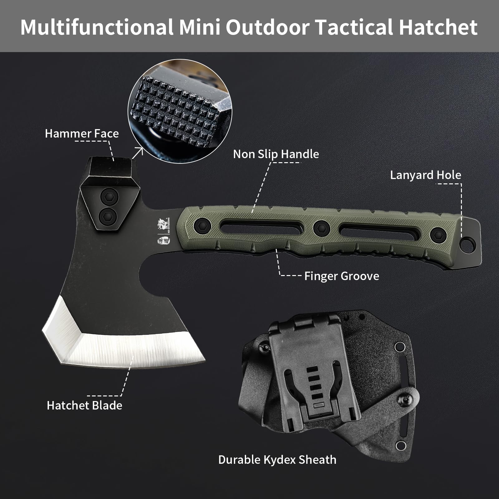 Hacha de Partir Multifuncional, Pequeña Hacha de Supervivencia y Táctica para Camping, Hachas de Mano para Bushcraft con Martillo y Funda de Kydex (Verde Militar)