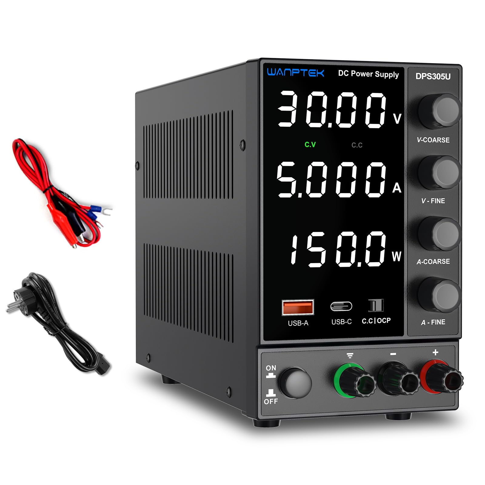DC Power Supply 30V 5A, USB-A/Type-C Fast Charge Port, High Precision 4 Digit LED Display Bench Encoder Regulator