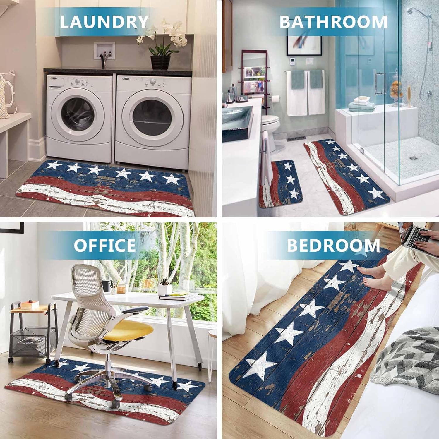 Prime Leader Independence Day Kitchen Mat Set 2 Pieces Vintage American Flag Retro Blue Red Wave Wood Grain Non Slip Kitchen Rugs Washable Runner Rug Mats for Sink Laundry (19.7" x 31.5"+19.7" x 63")