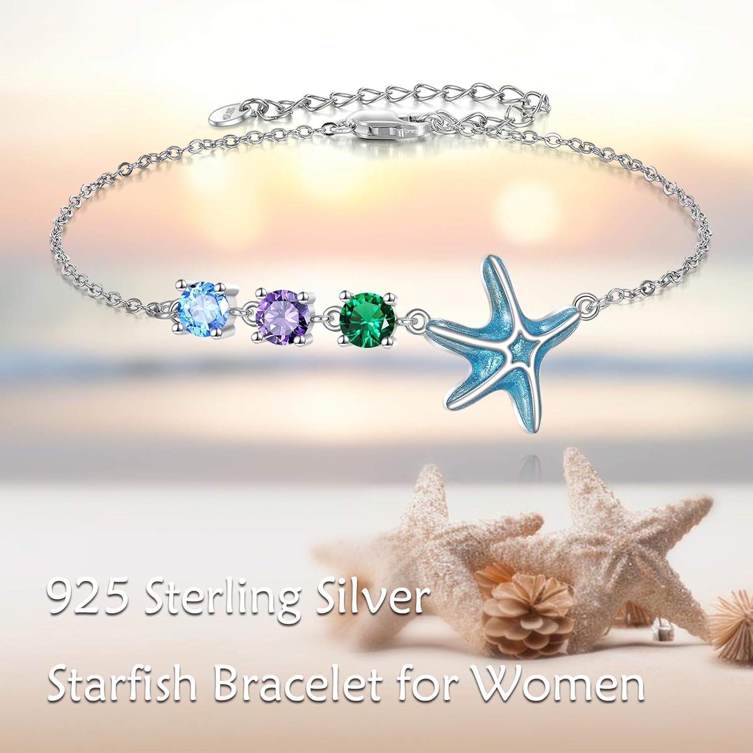 LONAGO Starfish Bracelet for Women 925 Sterling Silver Blue Starfish with Colorful Cubic Zirconia Bracelet - Image 2