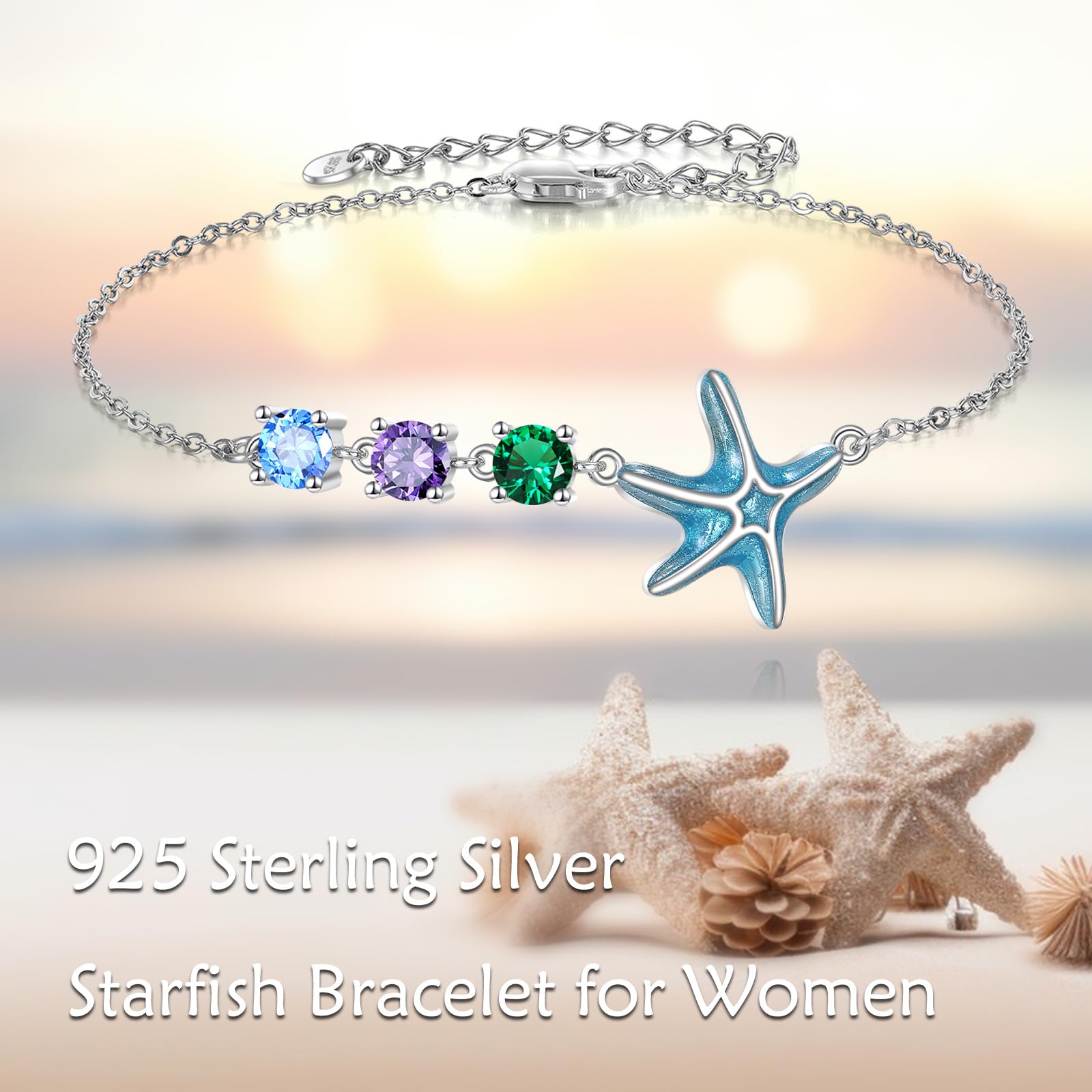 LONAGO Seestern Armband für Damen 925er Sterlingsilber Blauer Seestern mit Bunten Zirkonia Armband