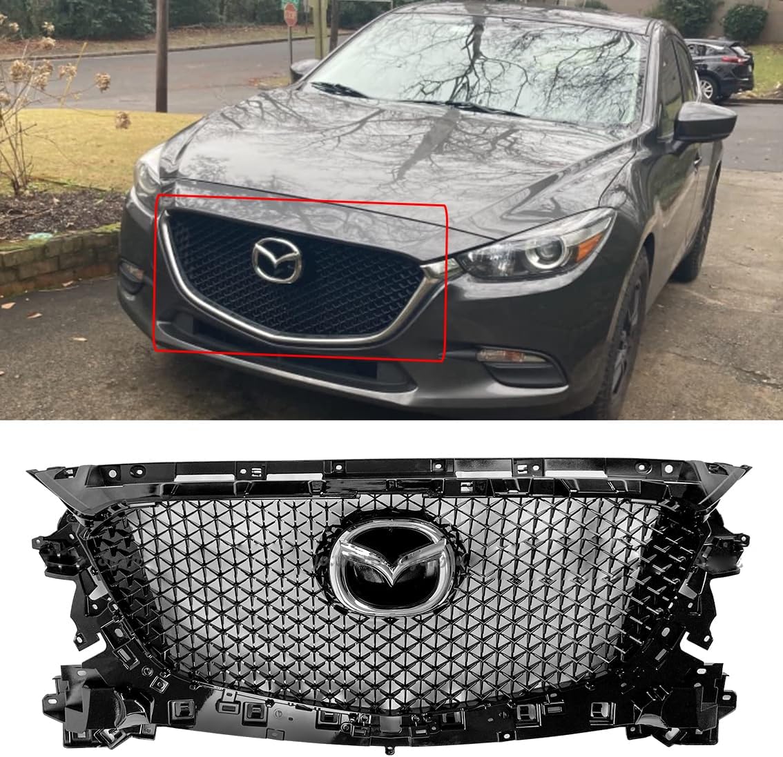 FITS 2017-2018 MAZDA 3 GLOSSY BLACK HONEYCOMB FRONT GRILL REPLACEMENT W/ EMBLEM