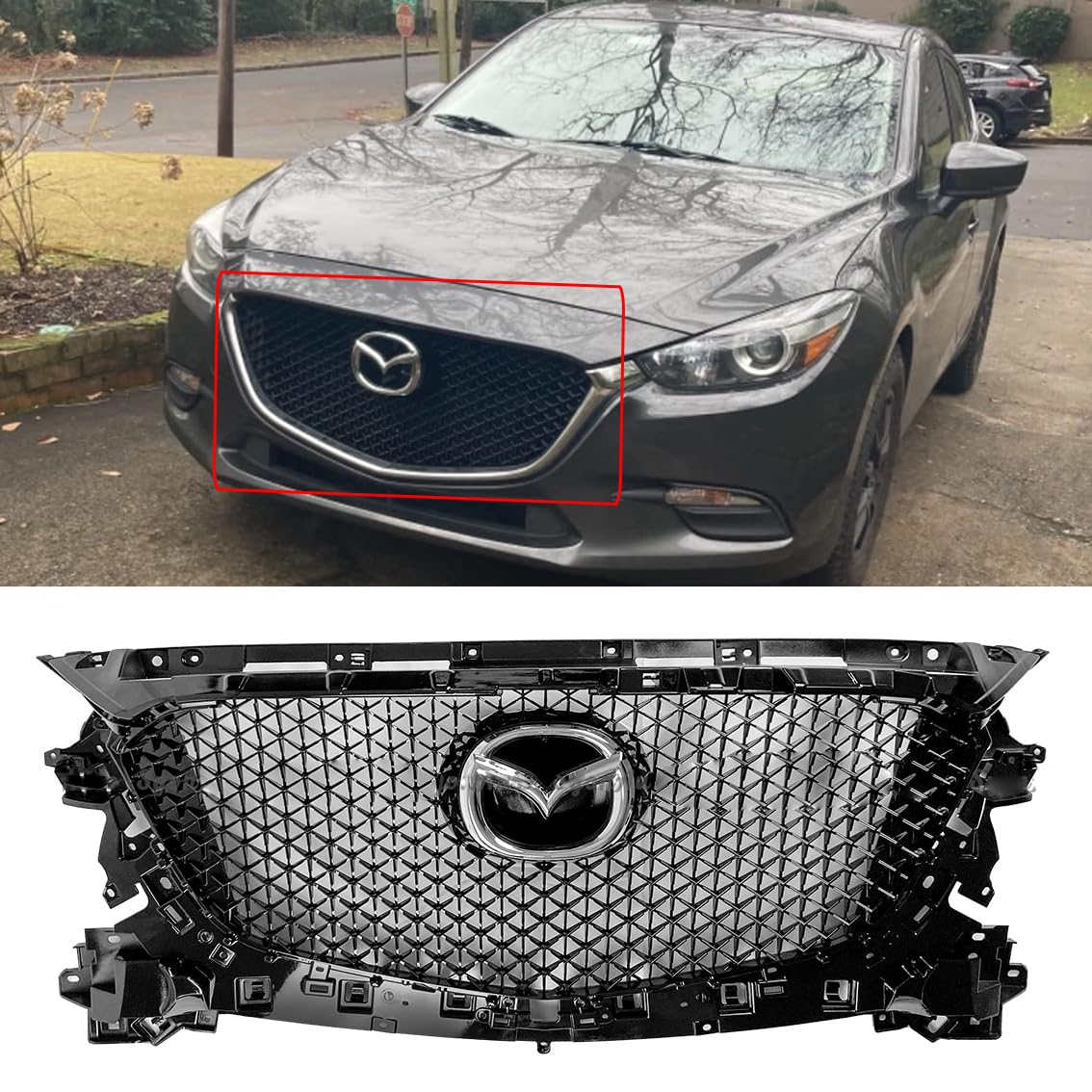 Syon AutoFITS 2017-2018 MAZDA 3 GLOSSY BLACK HONEYCOMB FRONT GRILL REPLACEMENT W/ EMBLEM