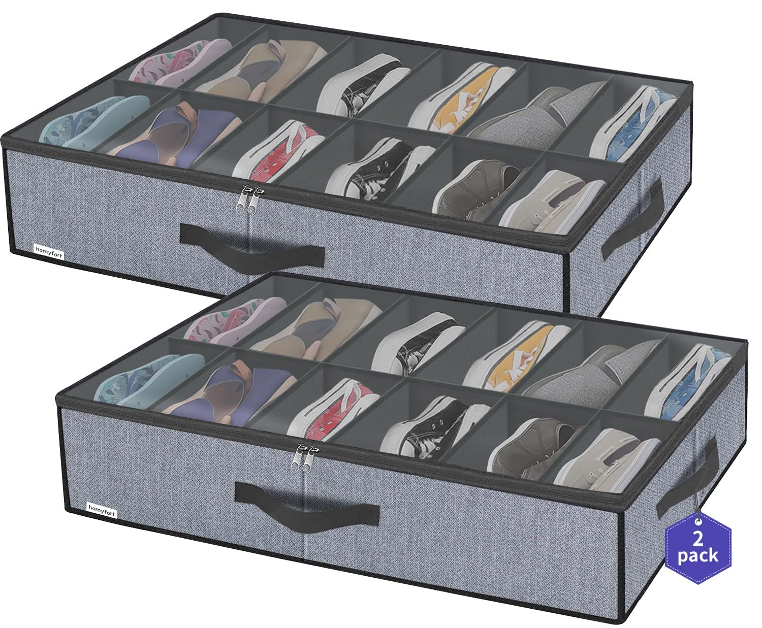 homyfort Set di 2 Organizzatore Scarpe Sottoletto con Coperchio Trasparente - Custodia Portascarpe a 12 Scomparti Organizer Pieghevole in Tessuto, Lino Grigio, XDUBSB2P