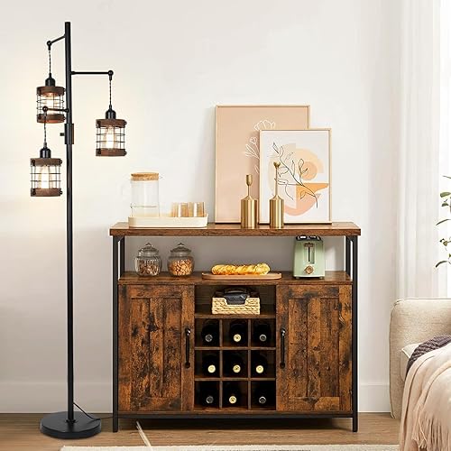 Miniatura 6 de Airposta Lámparas de pie regulables para sala de estar, lámpara de pie industrial de 3 luces con jaula de madera y metal, lámpara de pie de granja