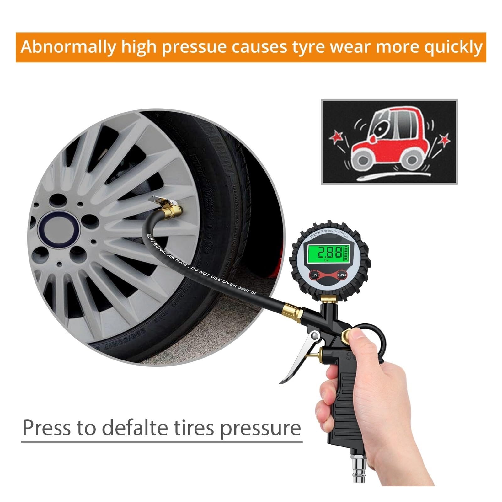 Manometro Pressione Acqua Manometro for la pressione dei pneumatici con display digitale, manometro for gonfiaggio, tester for veicoli retroilluminazione e 5 cappucci for valvole neri per Auto