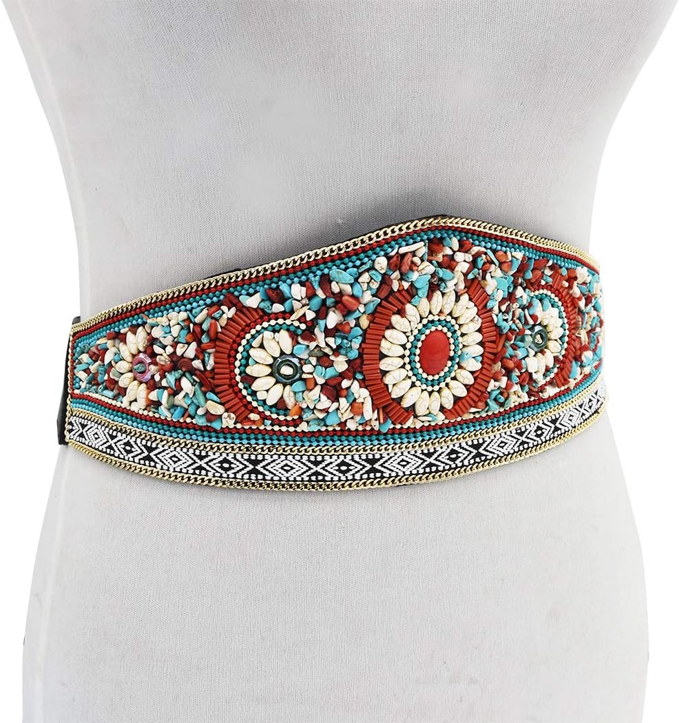 NSLS Elastic Waist Belt Bohemian Adjustable Wide Waist Chain with Turquoise Beads Stone for Women Dancing Dress(A) - Image 6