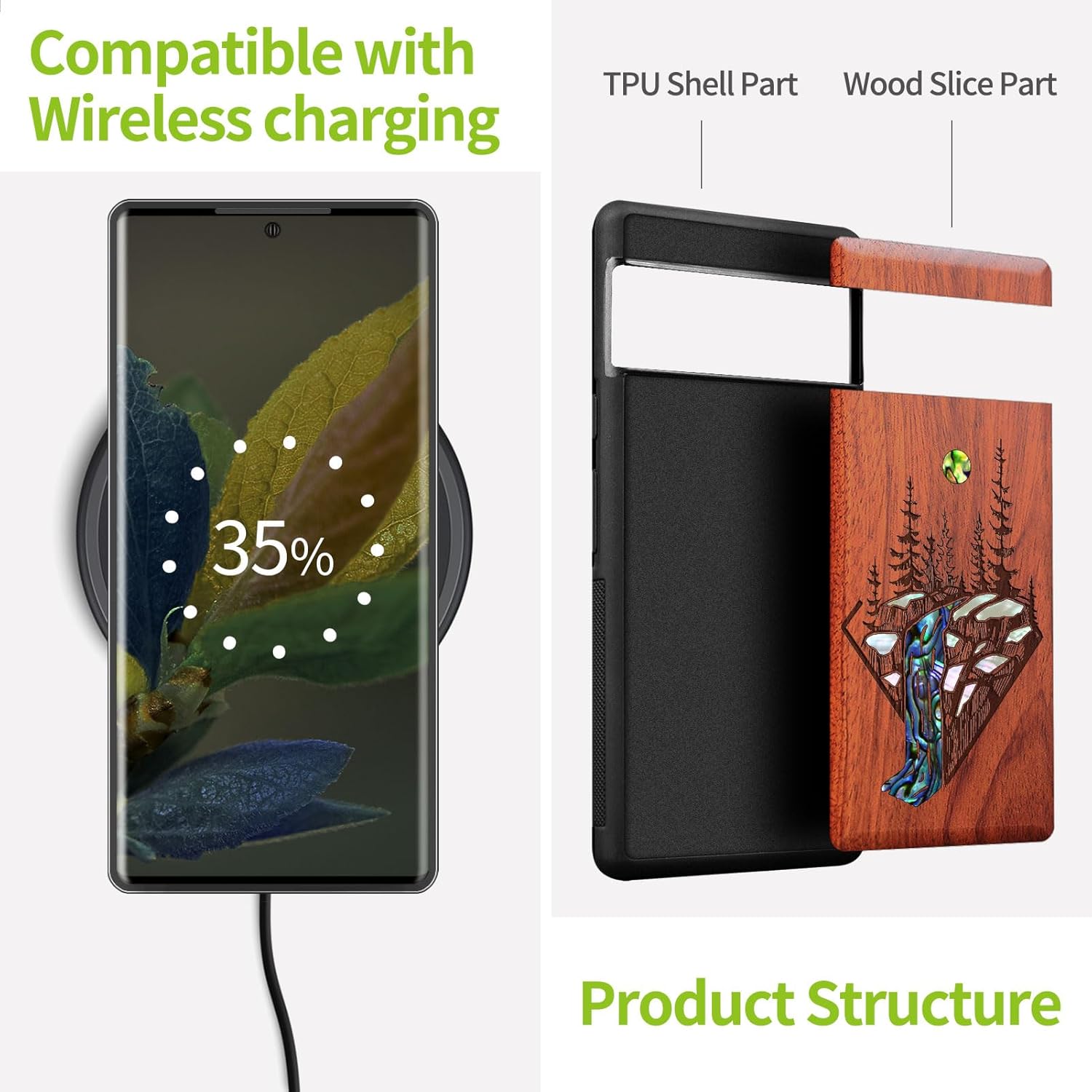 Carveit Designer Wooden Case for Google Pixel 8 Pro Case Cover [Wood Engraving & Shell Inlay] Compatible with Wireless Chargers Pixel 8 Pro (Forest and Waterfall-Rosy)