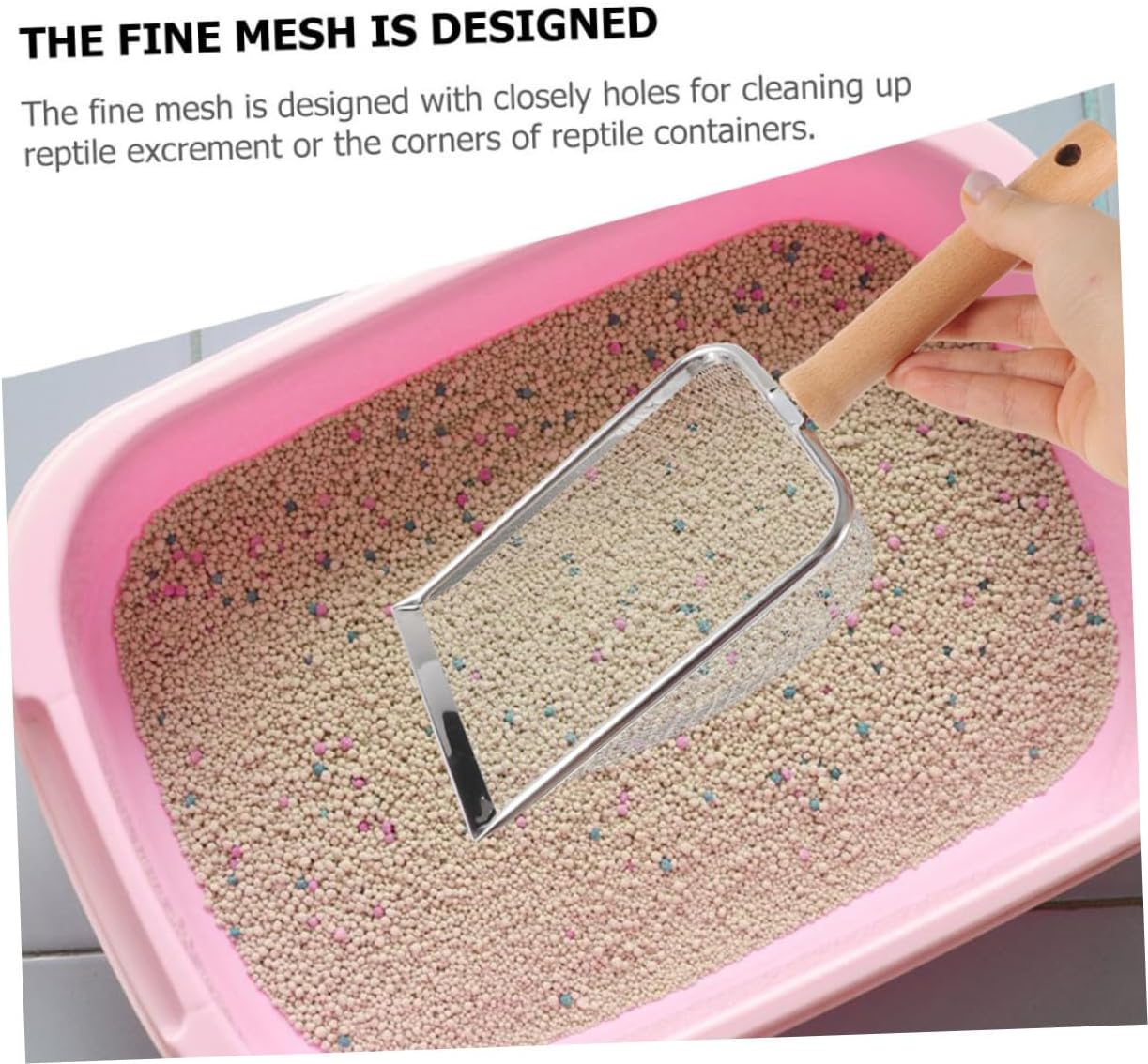 Wood Handle Stainless Steel Cat Litter Scoop 2x2mm Mesh Sifting Shovel Pet Litter Cleaning Tool for Reptiles and Small Pets