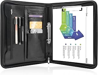 Schreibmappe 2 Ringbuch A4 Konferenzmappe Reißverschluss Leder Wasserdicht Organizer Mappe Dokumentenmappe Schwarz
