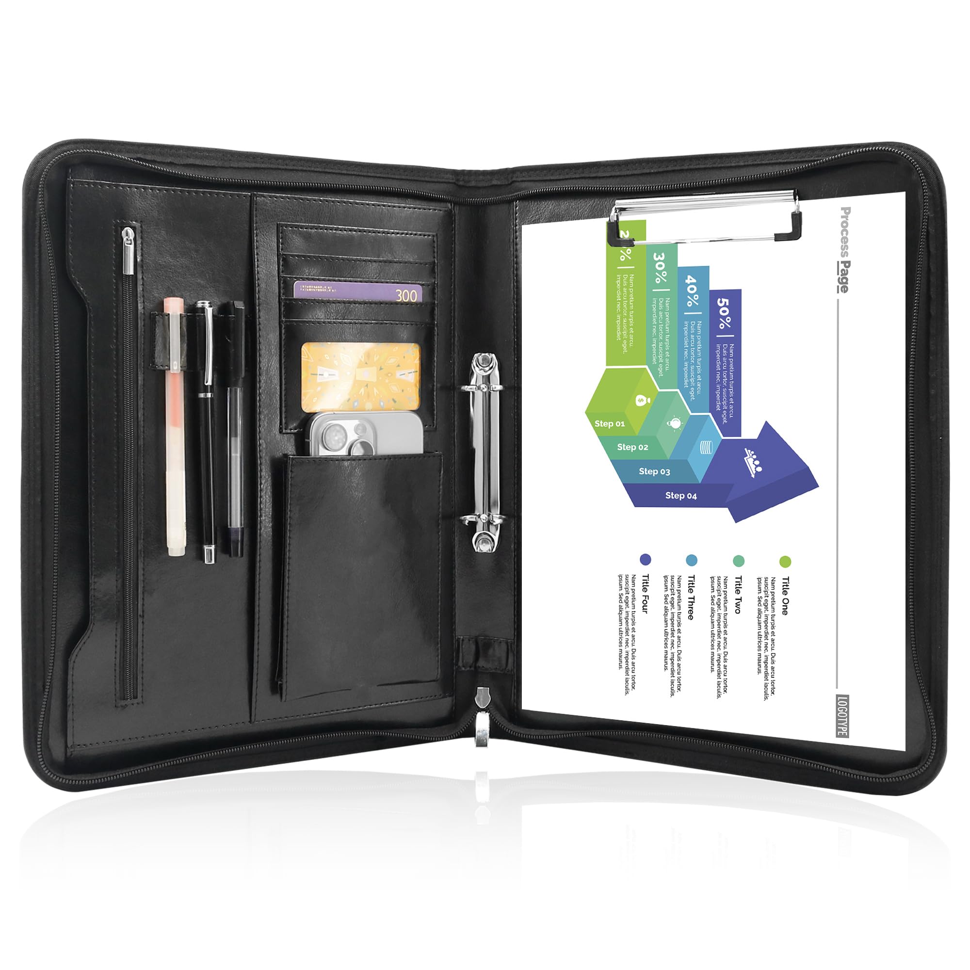 GraduatePro A4 Portfolio Folder with Zipper Clipboard Folder 2 Ring Binder for Legal Pad Work Writing Paperwork & Presentations (Black)