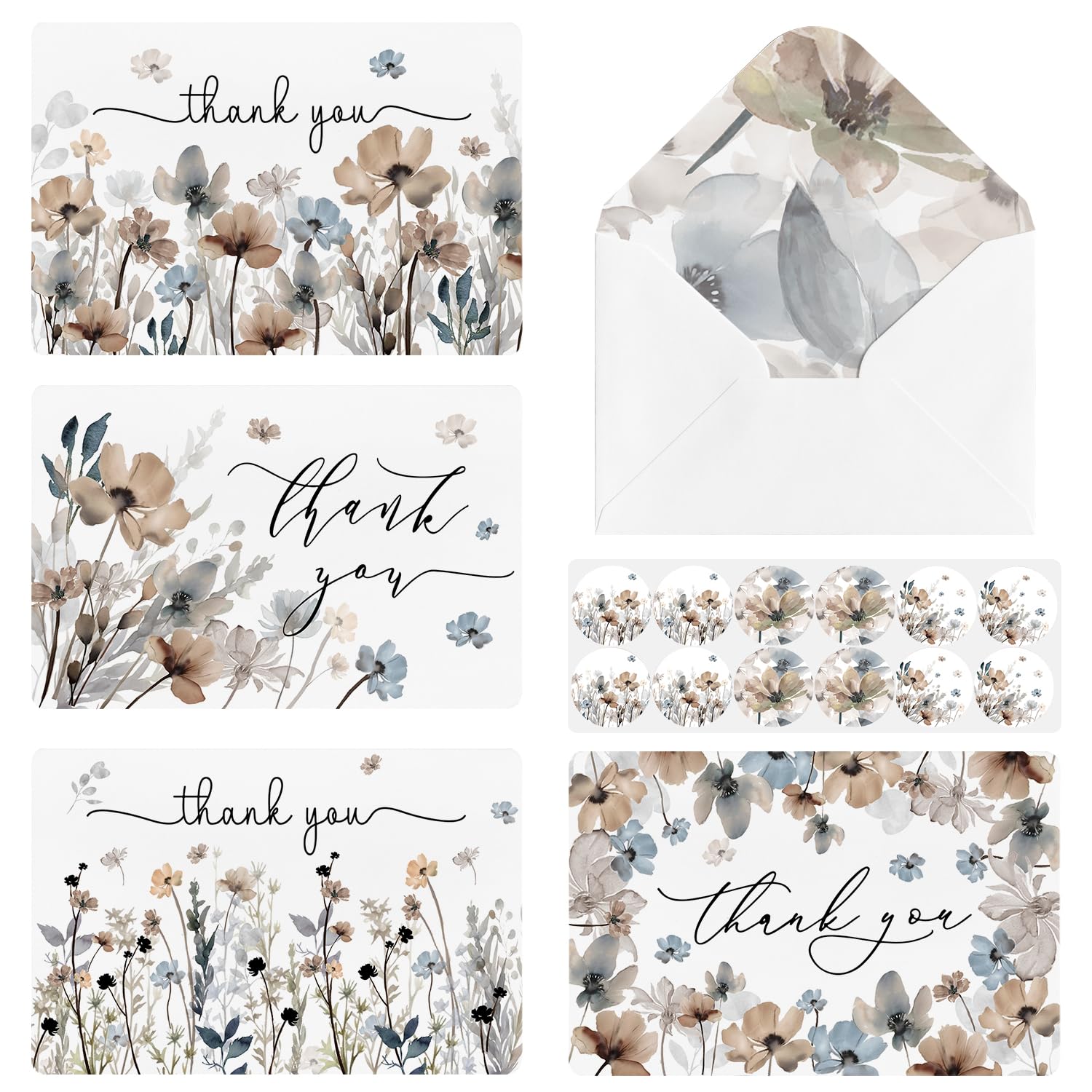 Artoid Mode 36 Pack Poppy Flowers Spring Thank You Cards Plants Greeting Cards Gift With Envelope Sticker Blank Note Cards for Birthday Wedding Baby