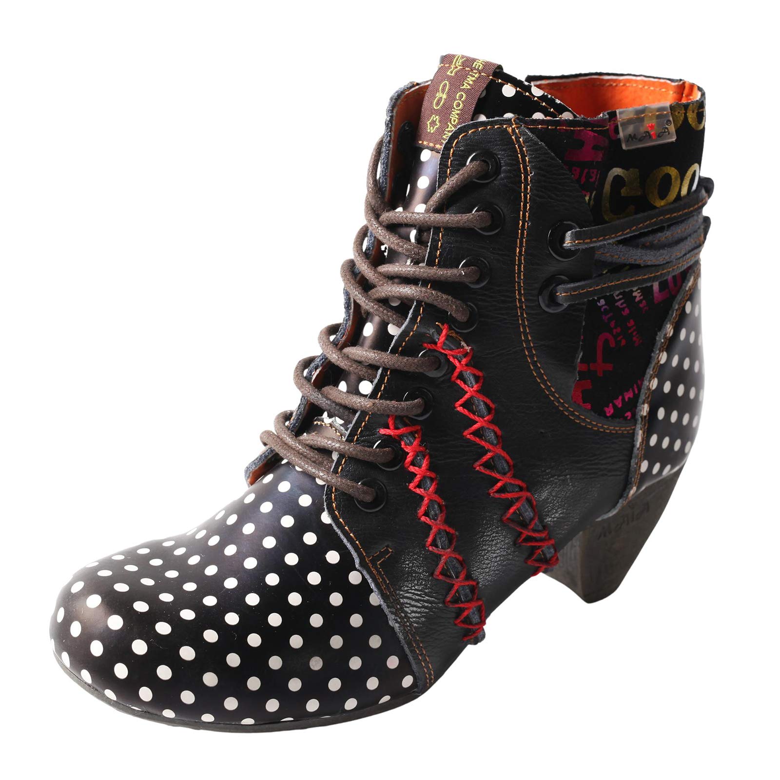 TMA EYESPolka Dot LEather Women Boots With Moccasin Hand Stitching