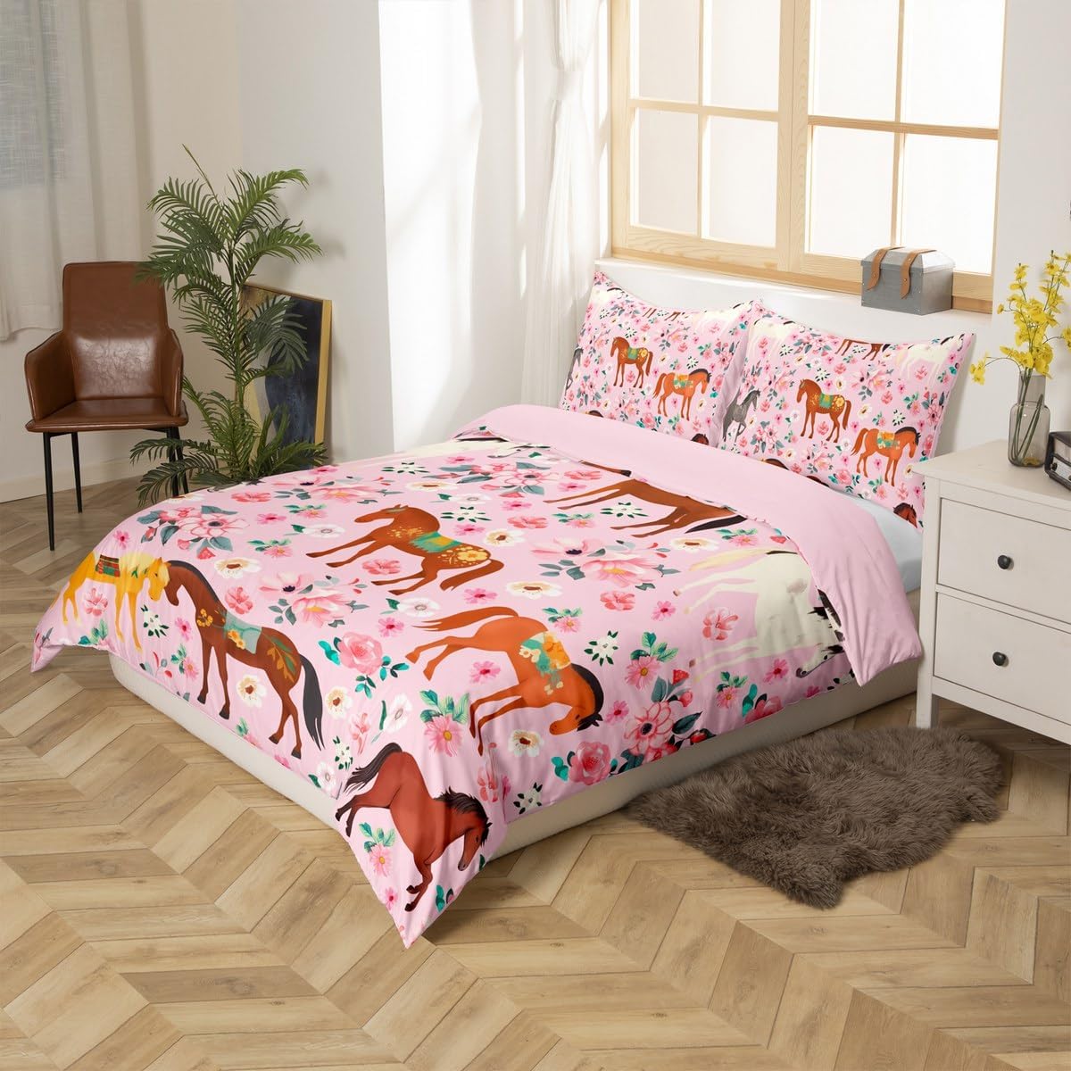 jejeloiu Horse Bedding Set Western Cowboy Cowgirls Duvet Cover Set for Kids Boys Girls Farmhouse Comforter Cover Rustic Rose Floral Quilt Cover with 1 Pillowcase 2Pcs Bedding Toddler,No Comforter
