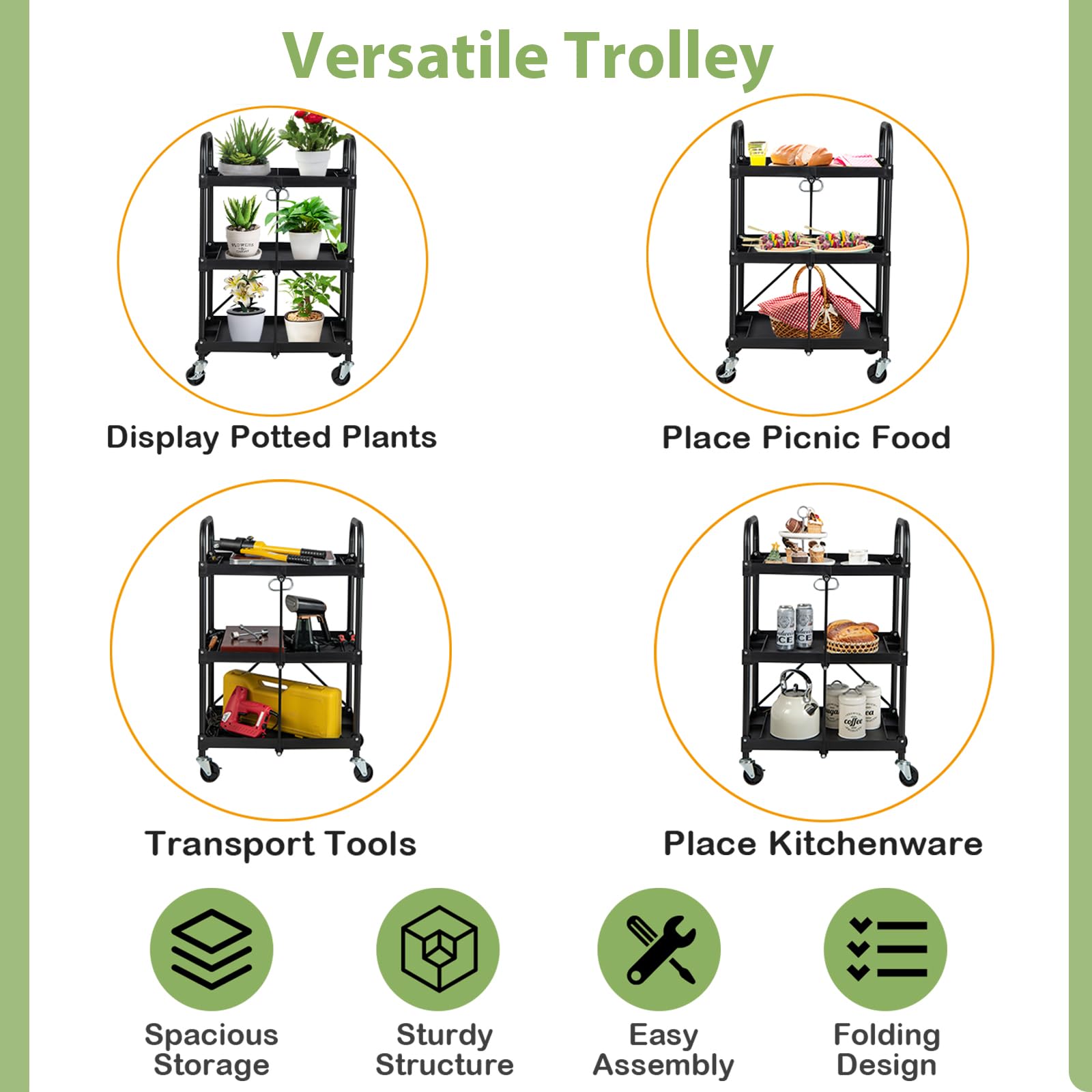 Carrello portautensili pieghevole con ruote di bloccaggio Heavy-Du Metal Sto per Ga e Worhop Utili Rolling Cart per strumenti e forniture