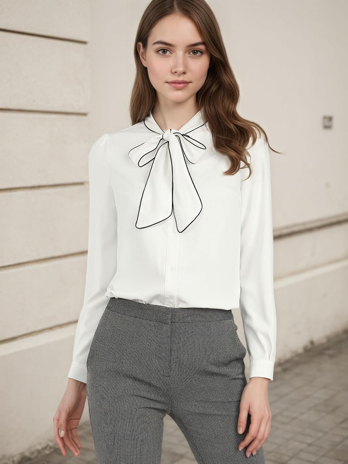 Allegra K Women's Work Blouse Tie Neck Long Sleeve Shirts Button Down Elegant Office Business Top 2025 - Image 2