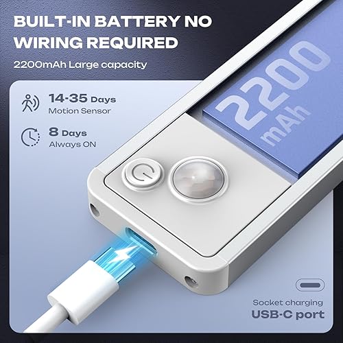 Miniatura 6 de Paquete de 5 luces inalámbricas para debajo del gabinete, 2200 mAAh, recargable, sensor de movimiento, luz magnética, luces de armario para