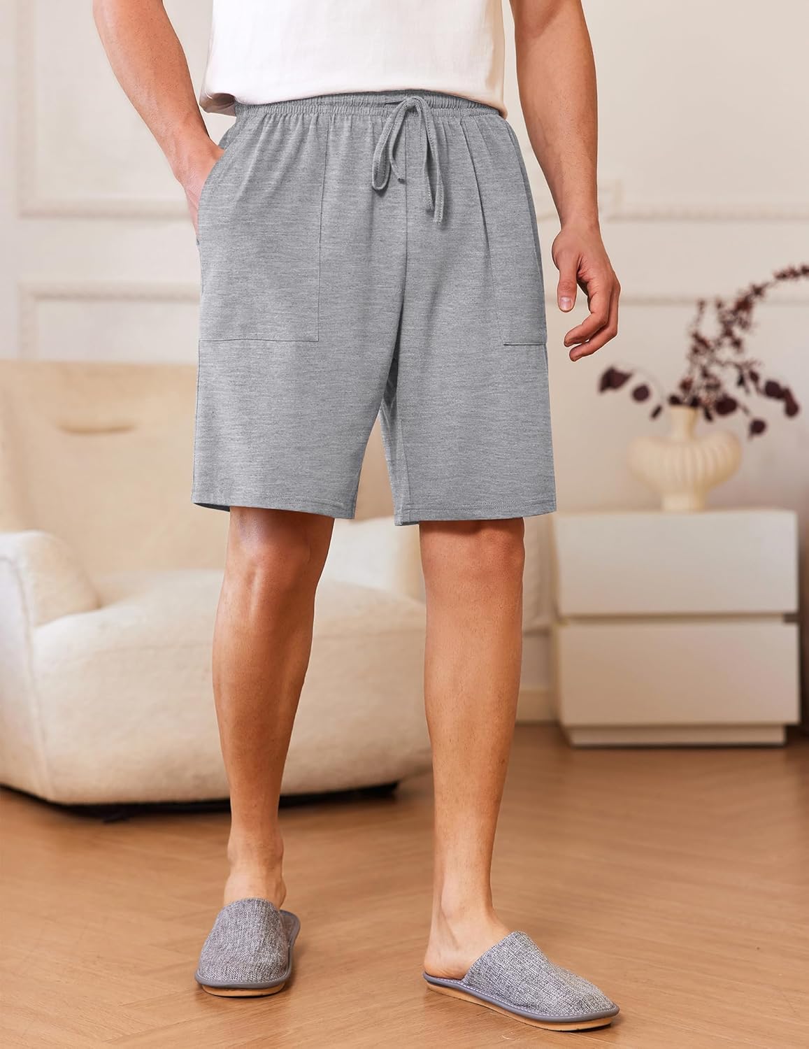 Ekouaer Men's Pajama Shorts Cotton Lounge Sleep Shorts Elastic Waist Sleepwear Pants with Pockets - Image 4