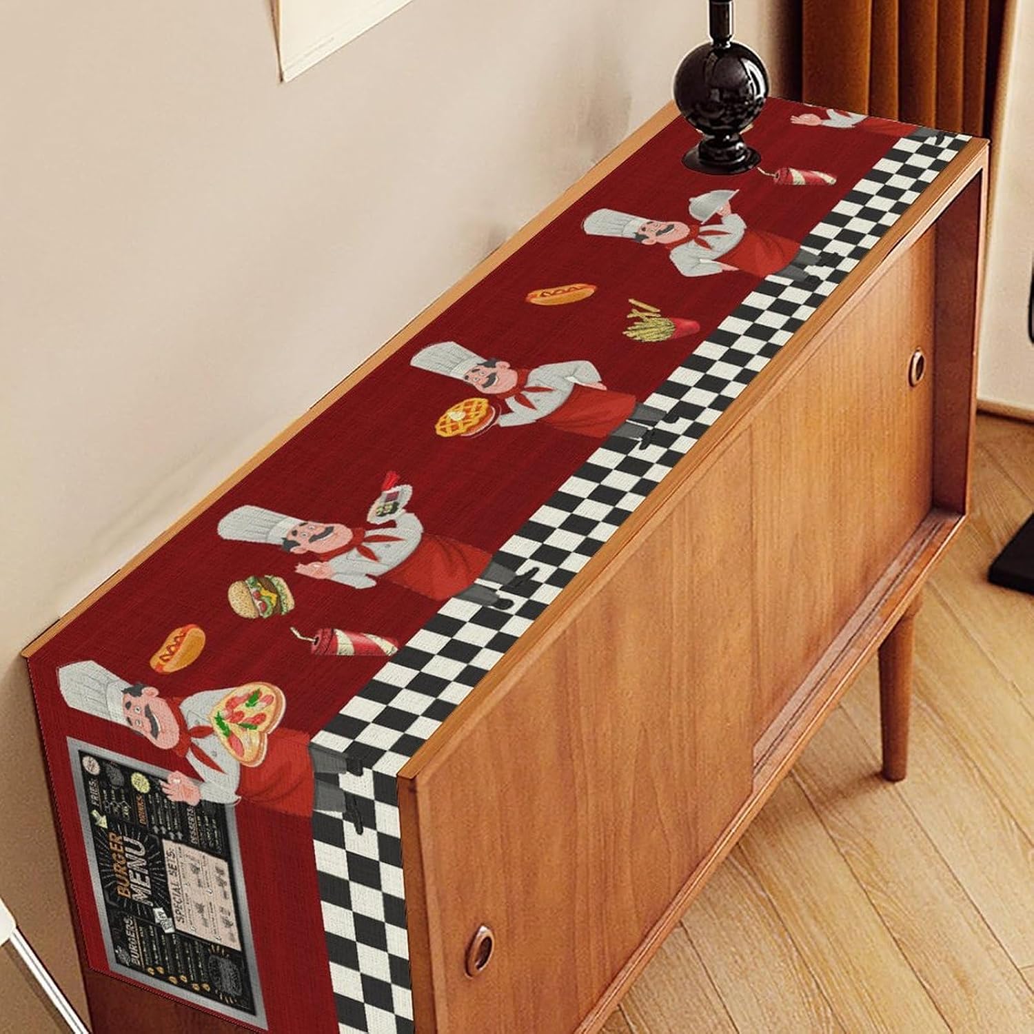 Chef Table Runner, Red and Black Checkered Burger Pizza Print Table Center Decor for Diner Style Farmhouse Kitchen Party Decorations, 13"x36" image 2
