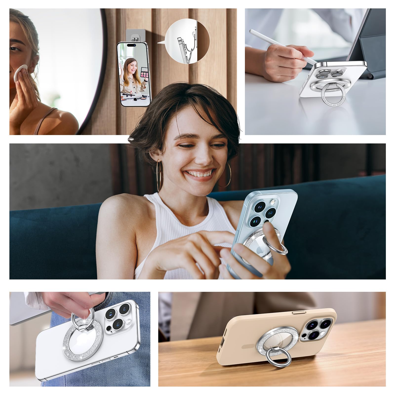 Syncwire Soporte Magnético para Teléfono para MagSafe, Sostenedor de Anillo Magnético para Teléfono, Rotativa Accesorios MagSafe Removibles para iPhone 16 Pro MAX 15 14 13 Android- Diamante Brillante
