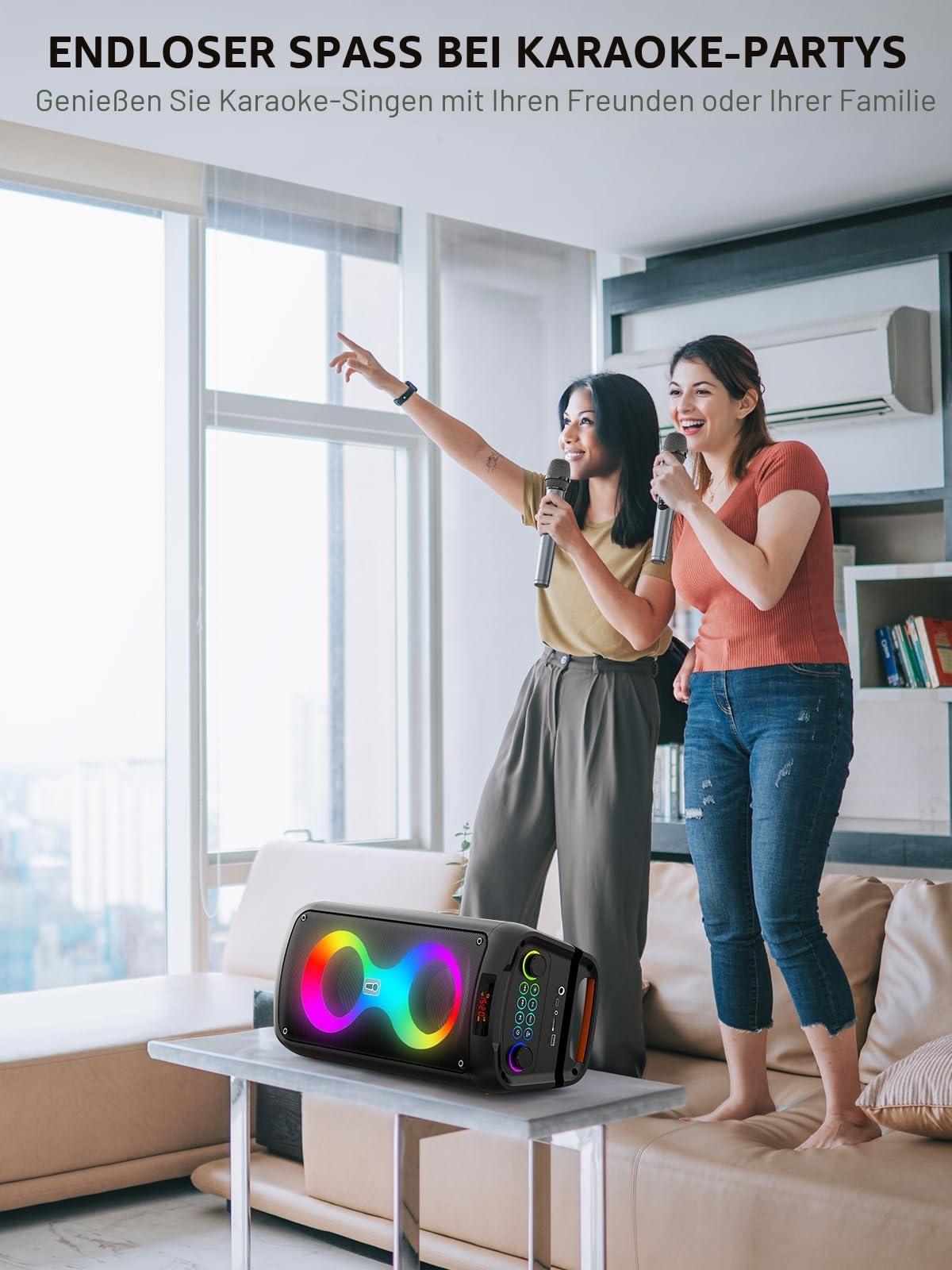 Karaoke-Maschine, Tragbarer Bluetooth-Lautsprecher mit 2 drahtlosen Mikrofonen für Erwachsene, PA-System mit Disco-Lichtern für große Party, Outdoor, unterstützt USB/TF/Rec/AUX