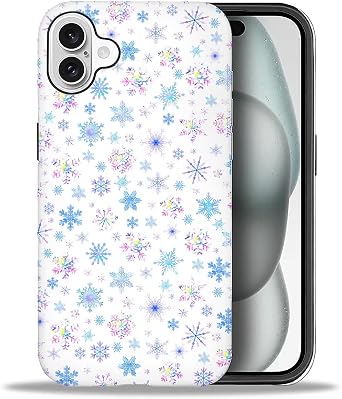 Case for iPhone 16, PC Hard Shell & Silicone Inner Bumper, Anti-Scratch Full-Body Cover Shockproof Slim Design -Iridescent Christmas Snow Flake Winter
