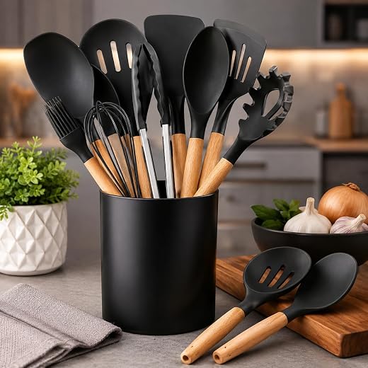 Kit 12 Utensílios de Cozinha em Silicone com Cabo de Madeira – Jogo Antiaderente Resistente ao Calor com Espátulas, Concha, Pegador, Pincel e Suporte Organizador – Utensílios Premium para Cozinhar