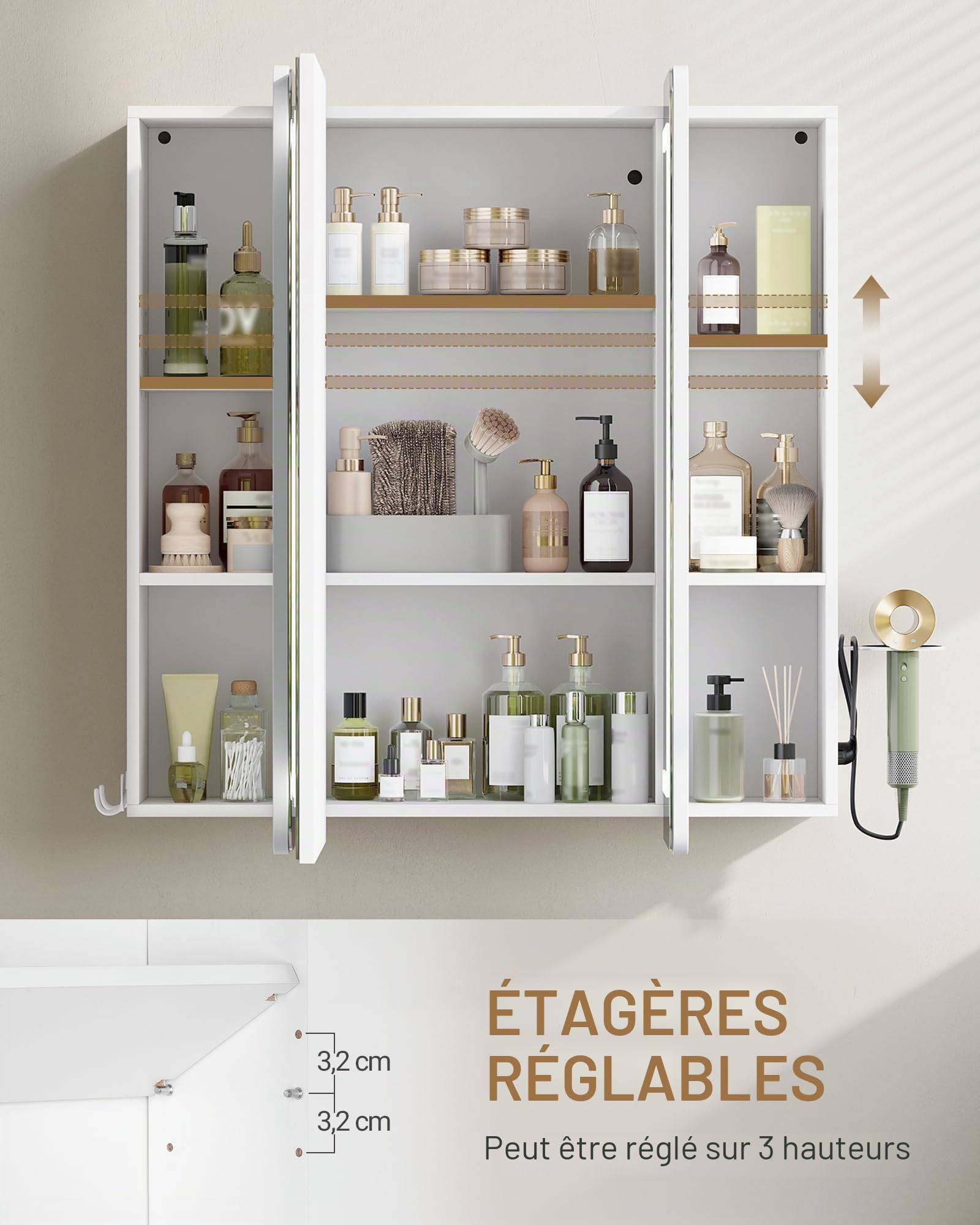Hzuaneri Armoire Murale Salle de Bain Miroir LED, 3 Températures, Armoire de Toilette Miroir avec 3 Portes Miroir et Étagère Réglable, 16,5 x 80 x 75 cm Blanc MC30003XEU