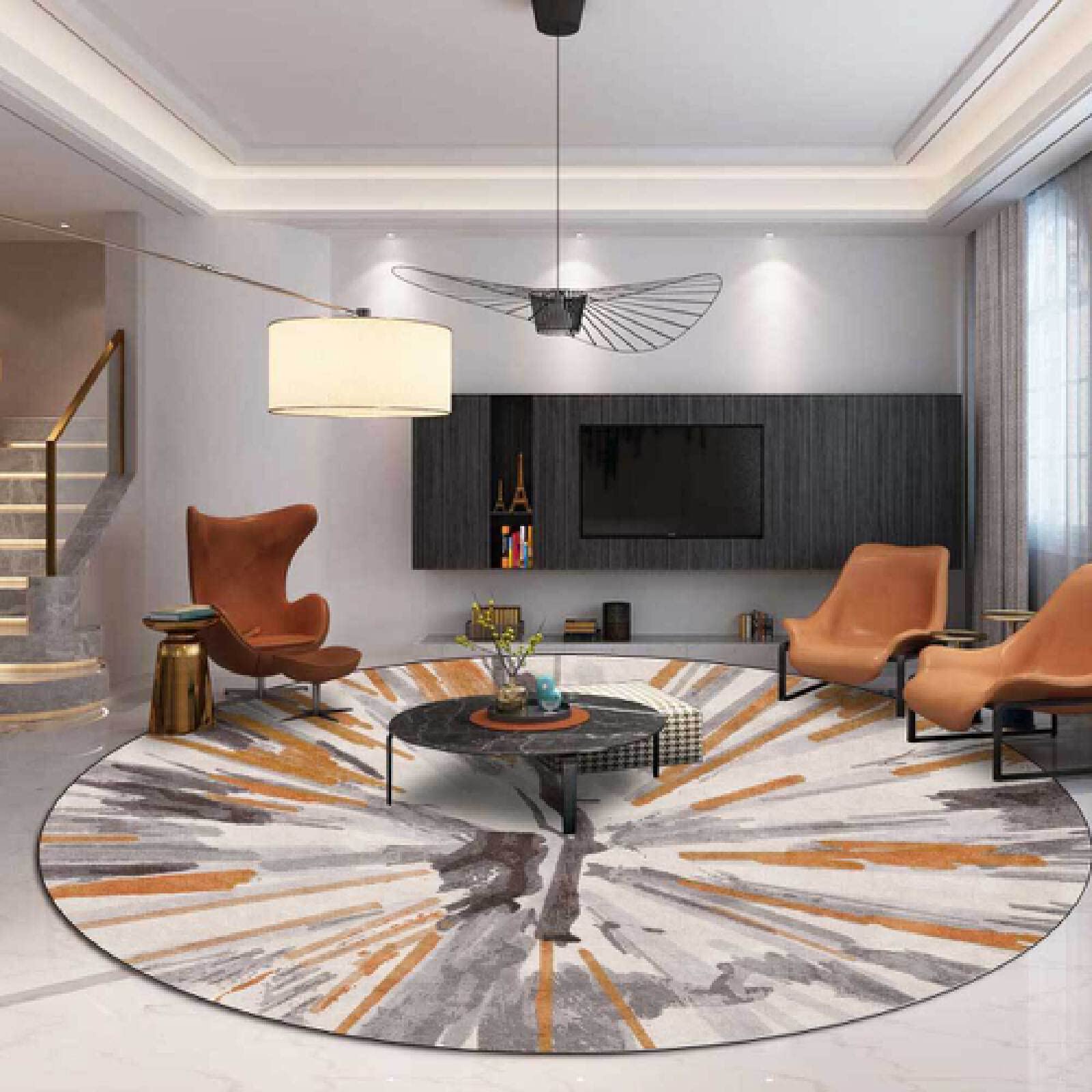 Zone Tapis Ronde Moderne Aquarelle Abstraite Floraison Orange Gris Anti Slip pour Salon, Couloir, Chambre, Cuisine ø 140CM