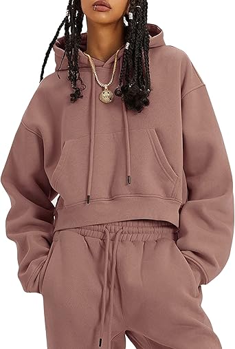 Flygo Womens Fleece 2 Piece Outfits Sweatsuit Crop Pullover Sweatshirt Joggers Pants Tracksuit Set