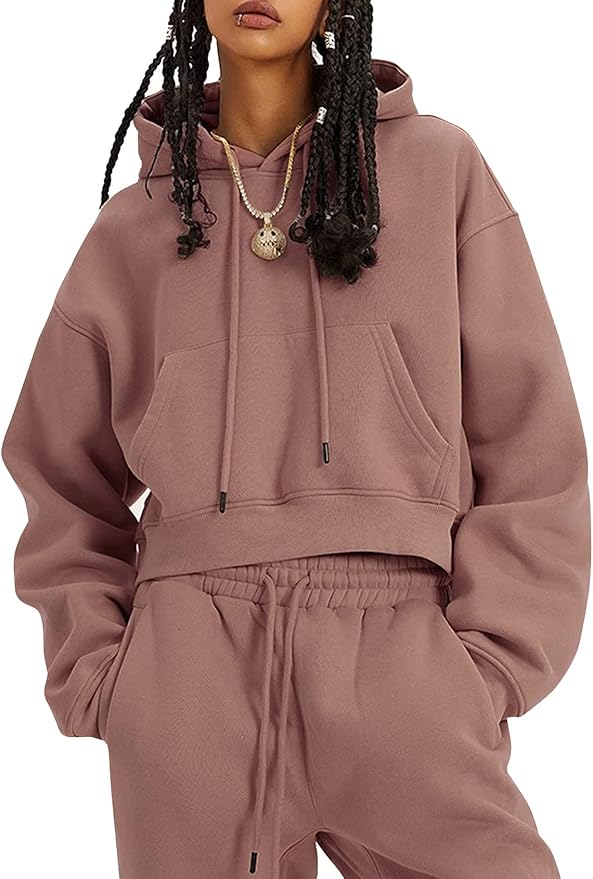 Flygo Womens Fleece 2 Piece Outfits Sweatsuit Crop Pullover Sweatshirt Joggers Pants Tracksuit Set
