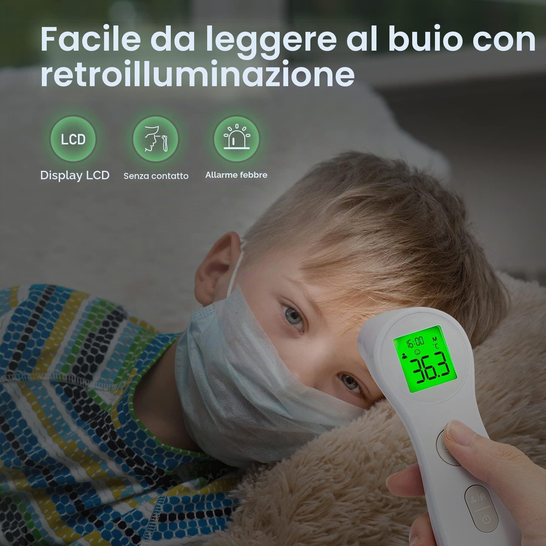 Termometro frontale per neonati, bambini e adulti, termometro clinico senza contatto con allarme febbre, lettura accurata immediata 1s, bianco