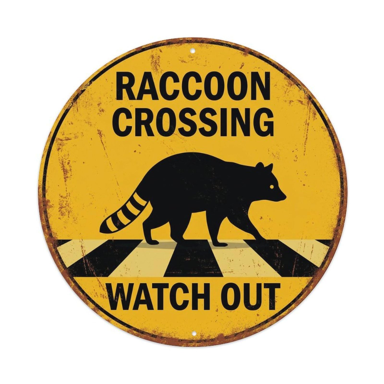 Raccoon Crossing Watch Out Patina Metal Tin Sign