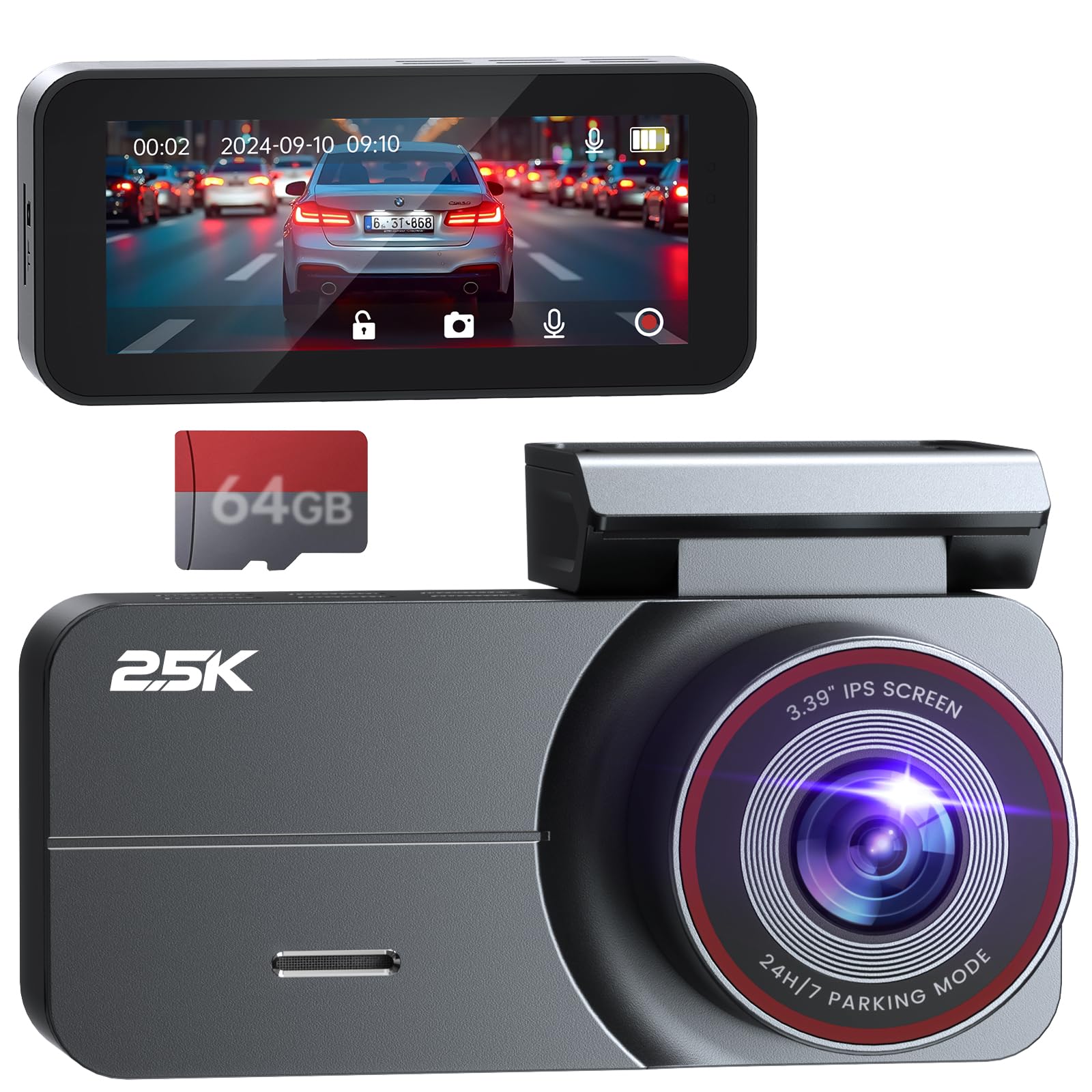 Dash Cam 2.5K Front and Rear 64GB GPS 160° Night Vision (Black)
