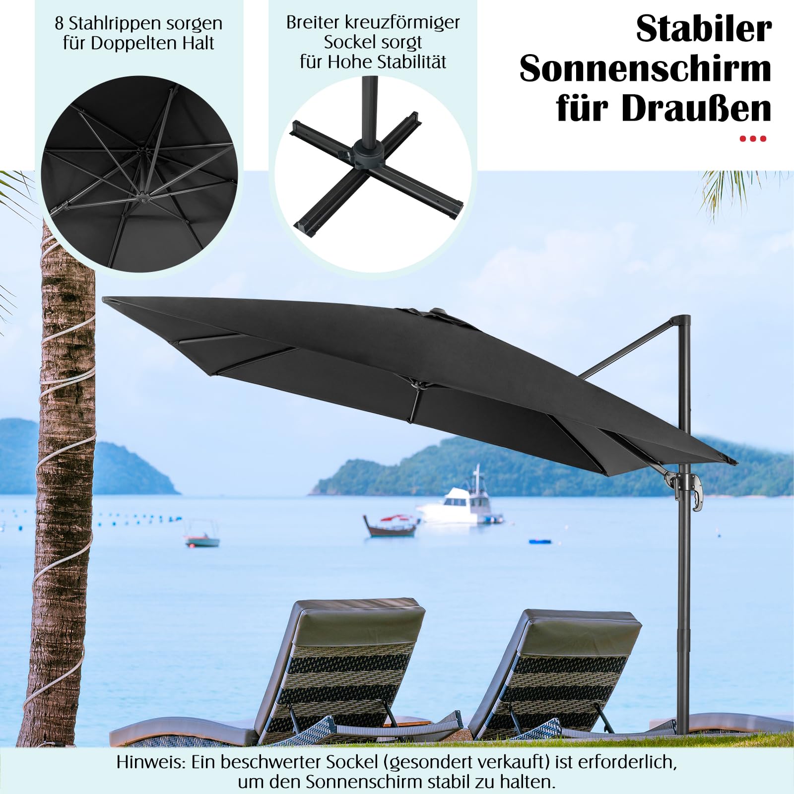 GOPLUS Ampelschirm 300x300 cm rechteckig, Sonnenschirm 360° drehbar & 3 stufig kippbar, großer Terrassenschirm mit Ständer, Gartenschirm mit Kurbel, UPF 30+ für Balkon, Garten & Terrasse (Schwarz)