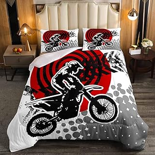 Feelyou Dirt Bike Comforter Set Boys Kids Teens Motorbike Extreme Sports Bedding Set Motocross Rider Comforter Twin Size Motorcycle Quilted Duvet Set with 2 Pillow Shams Soft Warmth Breathable Boys