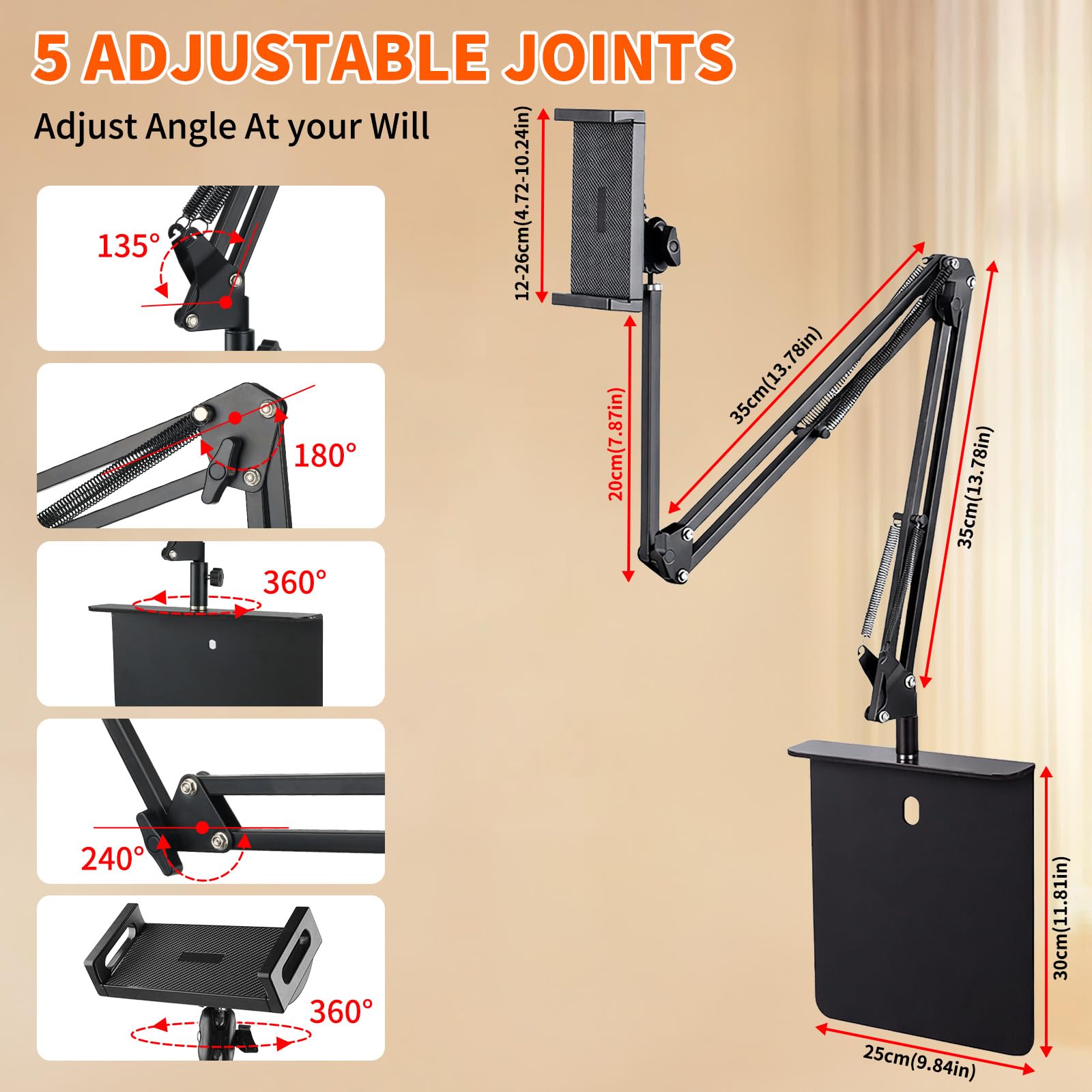 Supporto per tablet senza mano, per letto e divano, con braccio lungo regolabile, pieghevole, in metallo per Kindle, tablet, iPad e cellulare, design nascosto, nessun danno ai mobili (90 cm)