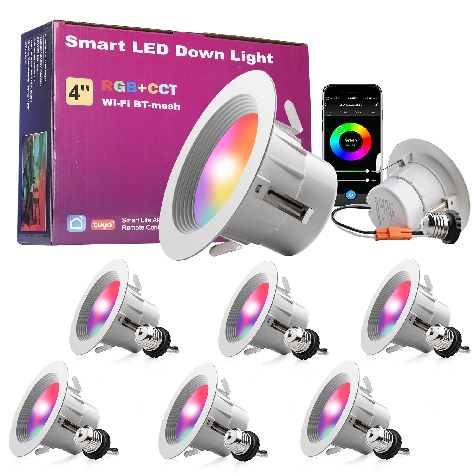 Lightdot LED Smart Recessed Lighting 4 Inch, 2700K-6500K+RGBCW Color Changing LED Downlight 6Pack, 9W 1000LM Dimmable Retrofit LED Can Light, CRI90+ Compatible with Alexa/Google