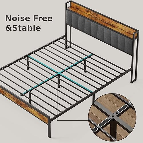 Miniatura 6 de Gizoon Base de cama de plataforma tamaño Queen, marco de cama de metal con cabecera de almacenamiento, resistente y estable, sin ruido, no necesita
