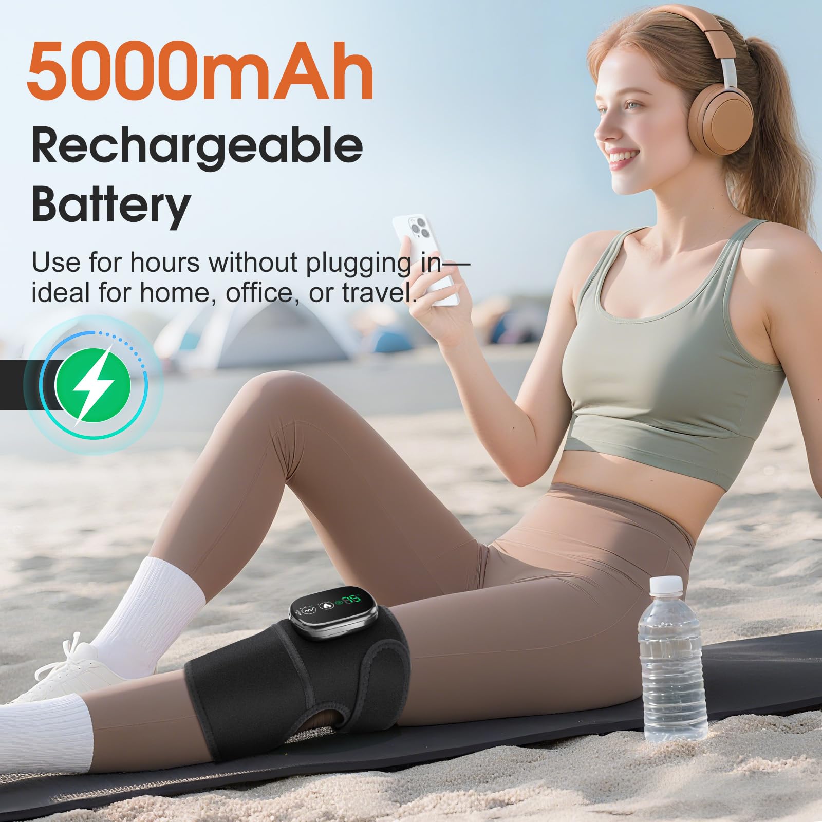Kabellose beheizte Kniebandage mit Rotlicht und Vibration - Verstellbare Kniebandage mit 3 Wärmestufen, 3 Massagemodi, 5000mAh Akku - Tragbares Heizkissen für Kniestütze und Muskelentspannung