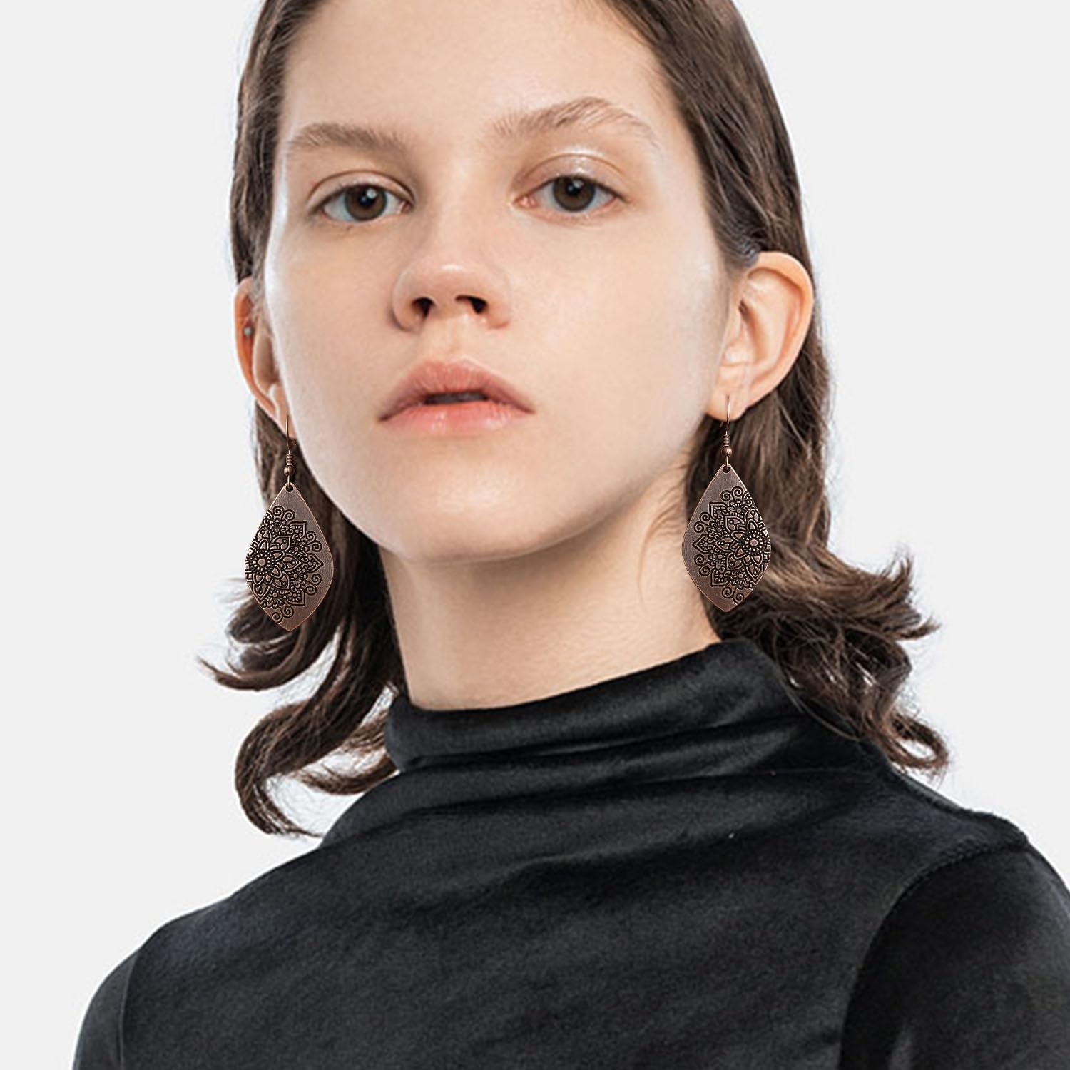 Handmade Bohemian Dainty Tribal Retro Bronze Teardrop Leaf Flower Dangle Drop Earrings National Style Geometry Sunflower Copper Hook Earrings for Women - Image 2