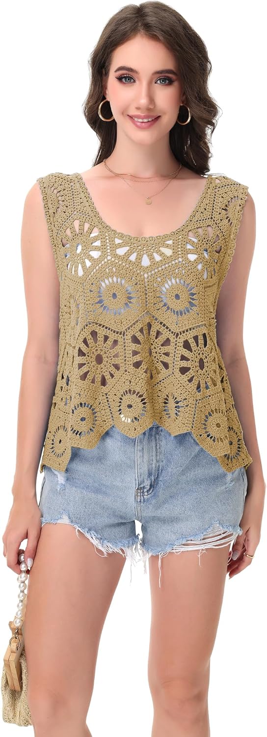 Anna-Kaci Women's Crochet Knit Tank Top with Hollow Flower Sleeveless Boho Lace Cover Up - Image 6
