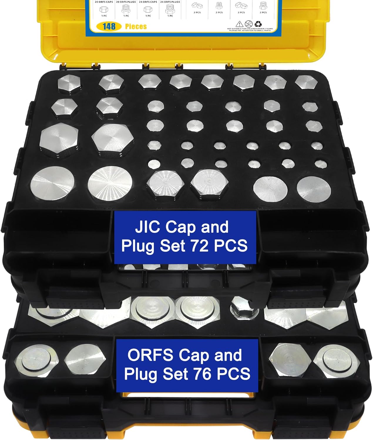 148 PCs JIC and ORFS Master Industrial Hydraulic Cap and Plug, Hose Tube and Pipe Fitting Kit Cap and Plug Kit, Precision Threading in ORFS Sizes 4 6 8 10 12 16 20 24 and 37° Dash Sizes 4 6 8 10 12 16
