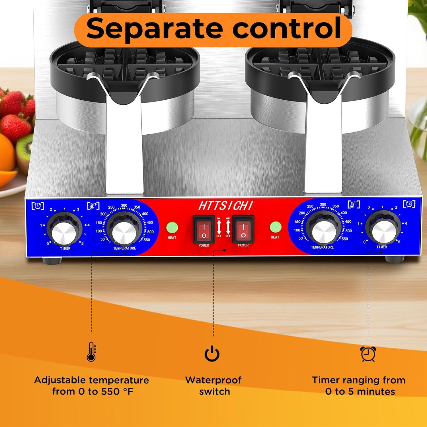 Commercial Belgain Waffle Maker - Rotating Double Waffle Maker w/Non-stick and 1.2 in Thick, Filp Belgian Waffle Machine w/ 122-572℉ Temp Range and Timer, Stainless Steel Waffle Iron, 2400W