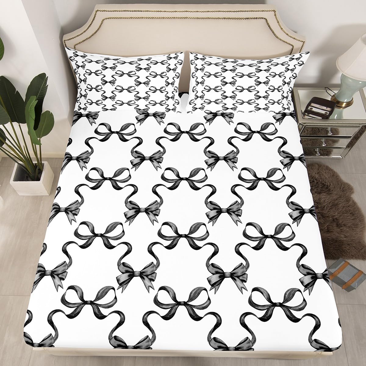 Parure de lit drap-housse noir anti-plis style princesse aquarelle pour grand lit