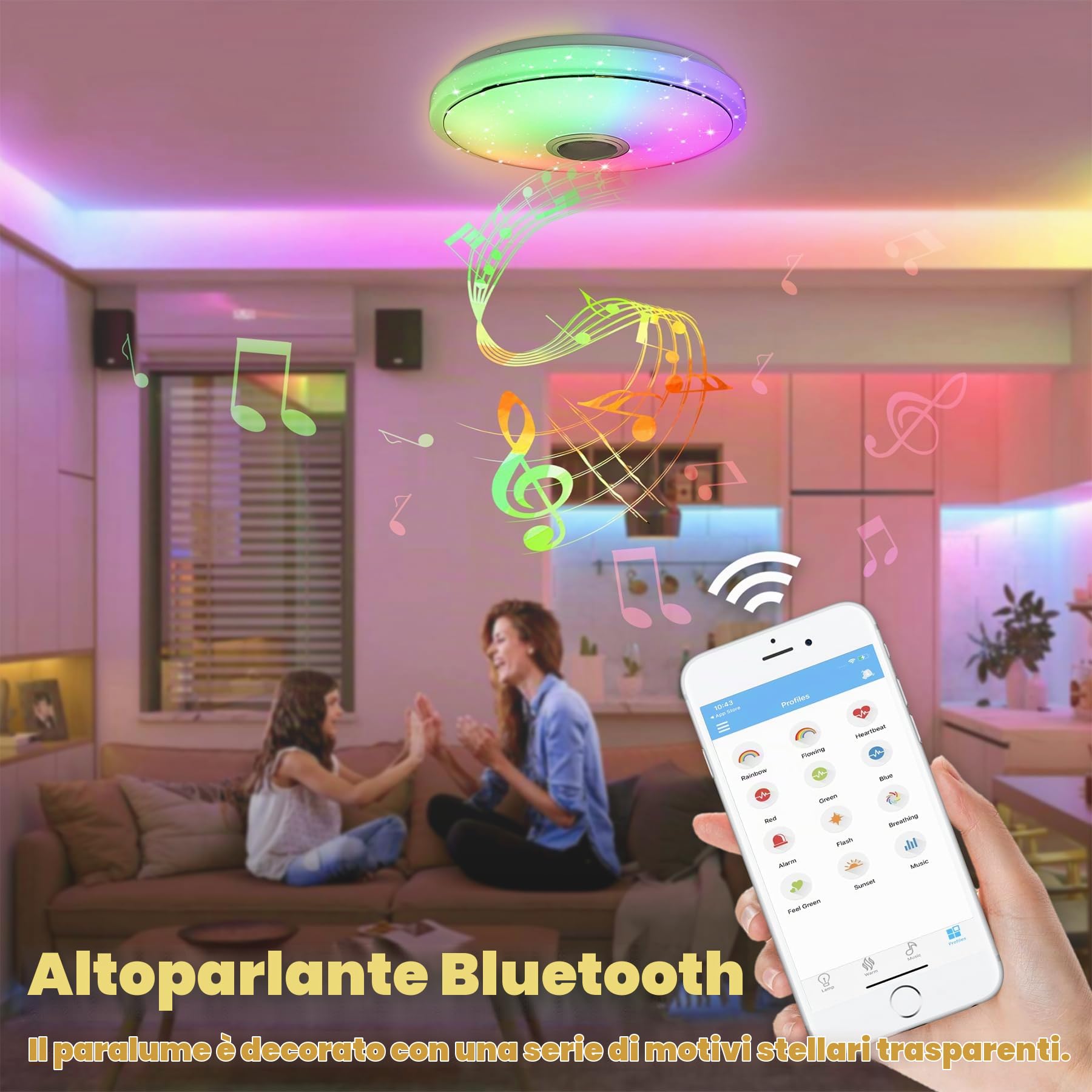 Froadp Lampada da soffitto a LED da 48 W, dimmerabile, con telecomando, altoparlante Bluetooth e controllo APP, 40 cm, rotonda, per camera da letto, soggiorno, cucina, cameretta dei bambini