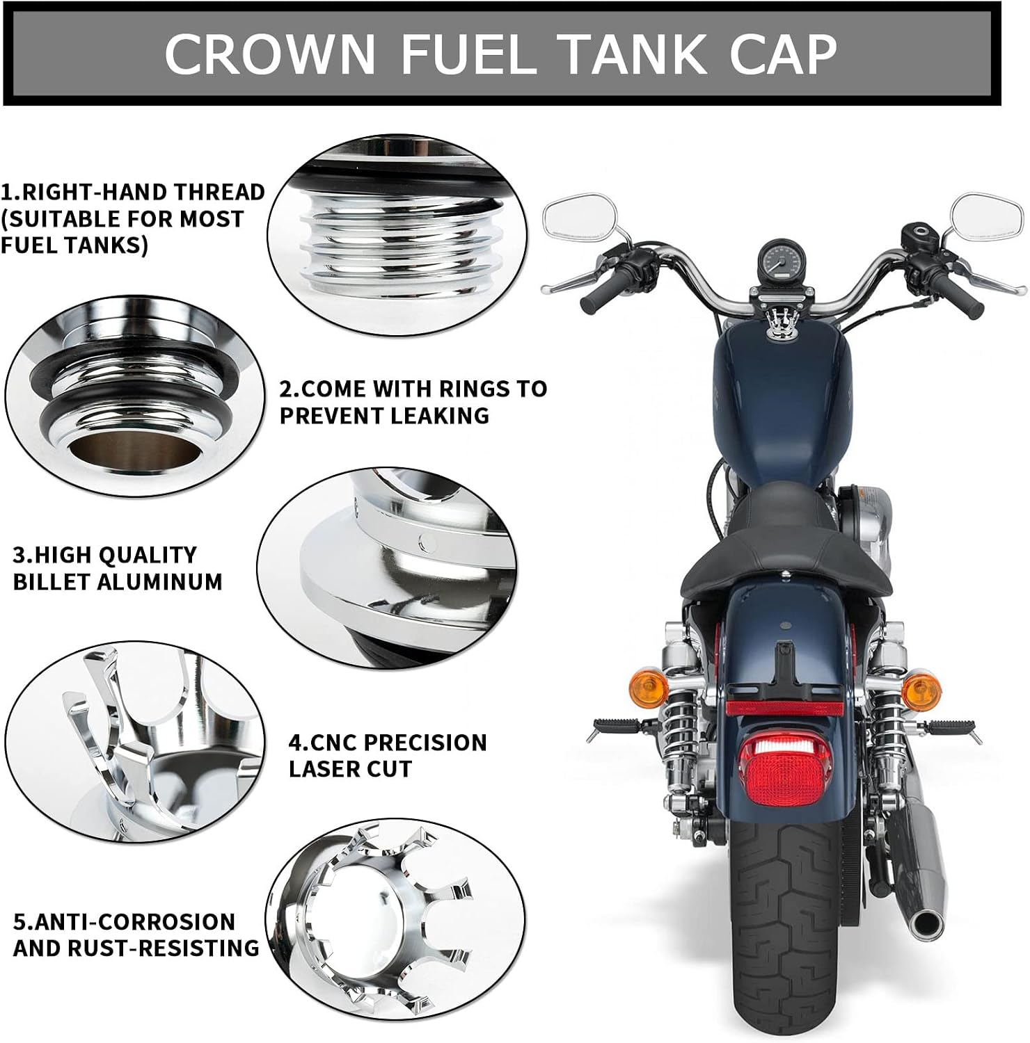 PSLER Fuel Oil Gas Tank Cap Oil Cover Reservoir Aluminum Oil Cap King Crown Style Right-hand Thread for Softail 2000-2017 Sportster XL 1992-2023 Dyna 1992-2017 Touring Road King 1994-2023 Chrome