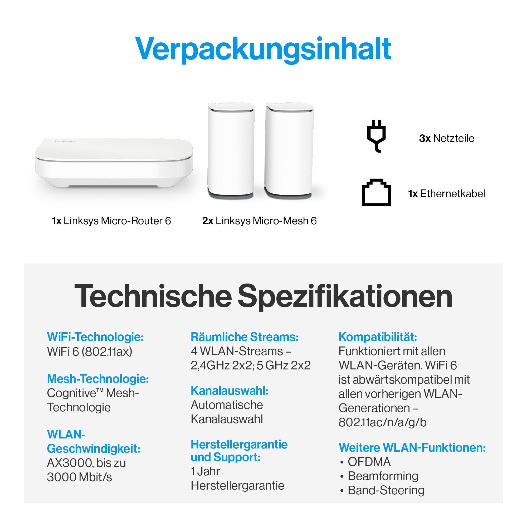 Linksys Velop Micro 6 Dual-Band Mesh-WLAN-System - WiFi 6-Router mit bis zu 3 Gbit/s für 465 m² und 150+ Geräte - ersetzt Internet Router und Extender, 3er Pack