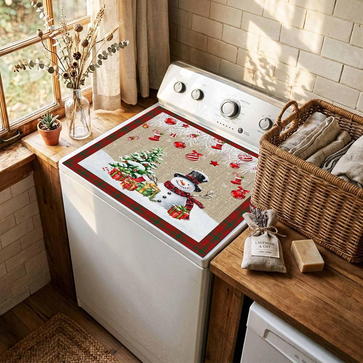Washer and Dryer Covers for the Top, Christmas Decorative Washing Machine Protector Mat, Non Slip Dryer Top Cover for Laundry Room, Xmas Snowman Balls Tree Gifts Red Plaid 23.6" x 19.7" (Pack of 1)
